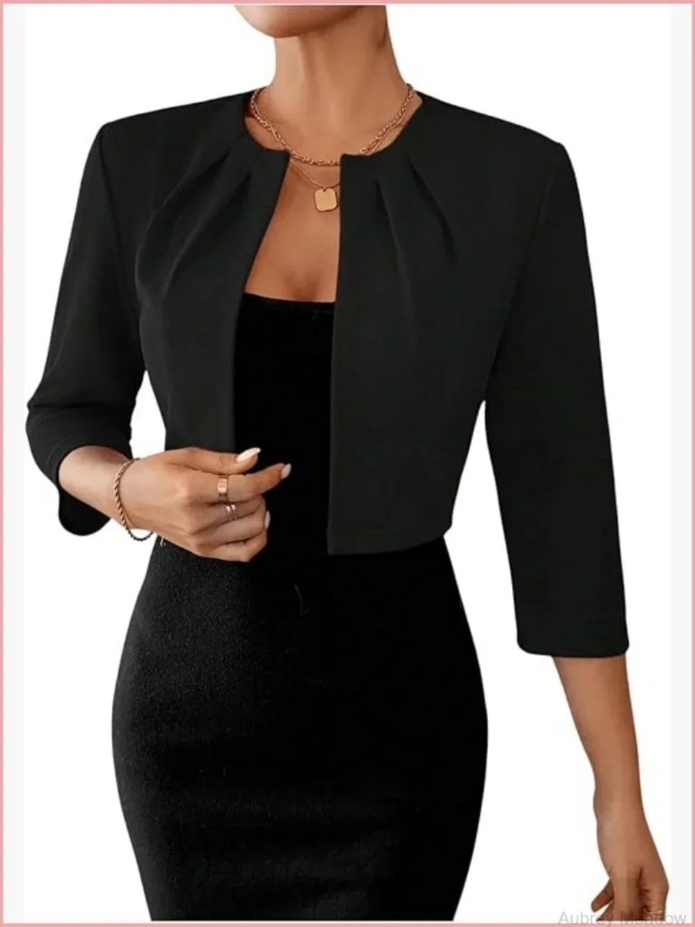 Open Front 3/4 Sleeve Pleated Crop Blazer Jacket Stretch Knit Womens Work Office